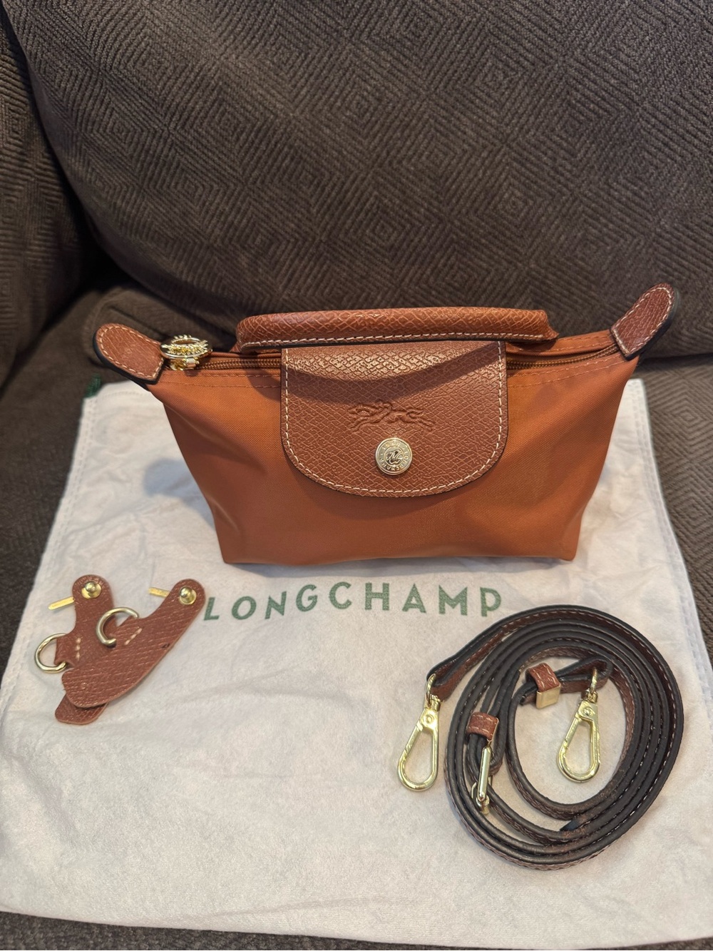 Longchamp Brown Le Pliage Crossbody with Leather Trim and Strap